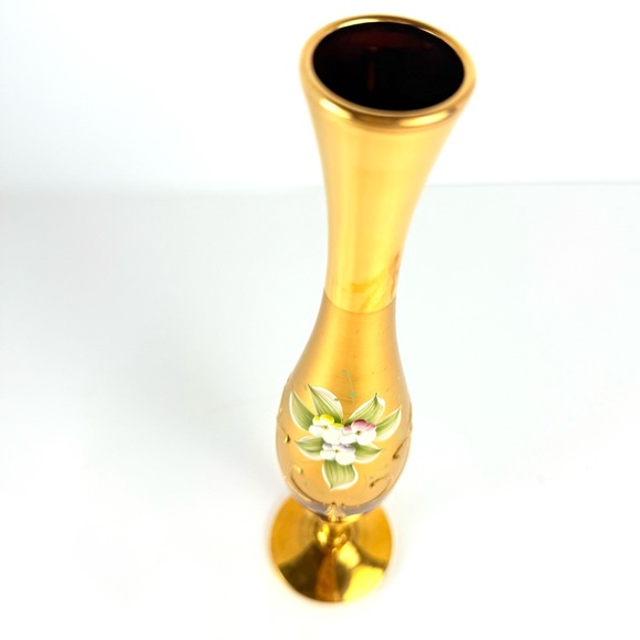 VTG Murano Venetian Ruby Glass & 24K Gold Paint 11” Hand Painted Floral Bud Vase - Picture 12 of 16
